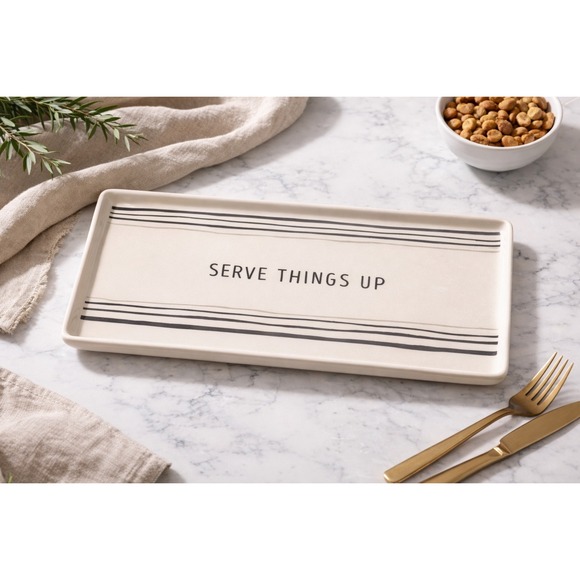 Demdaco Other - Demdaco Serve Things Up‎ Ceramic Platter Cream Striped Rectangular Tray 10.5in